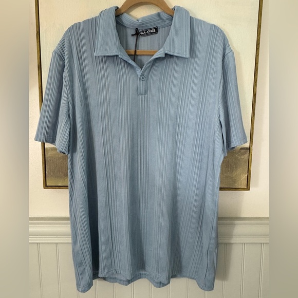 PAUL JONES Mens Textured Knit Polo Shirt Light Blue Stretchy Golf Shirt Lg NWT - Picture 3 of 7